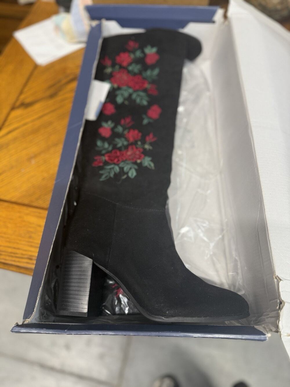 Libby Edelman NIB Le Sullivan Black Tall Boots 10Red Flower Embroidery Zippered